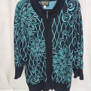 Bob Mackie Black and Teal Floral Knit Cardigan